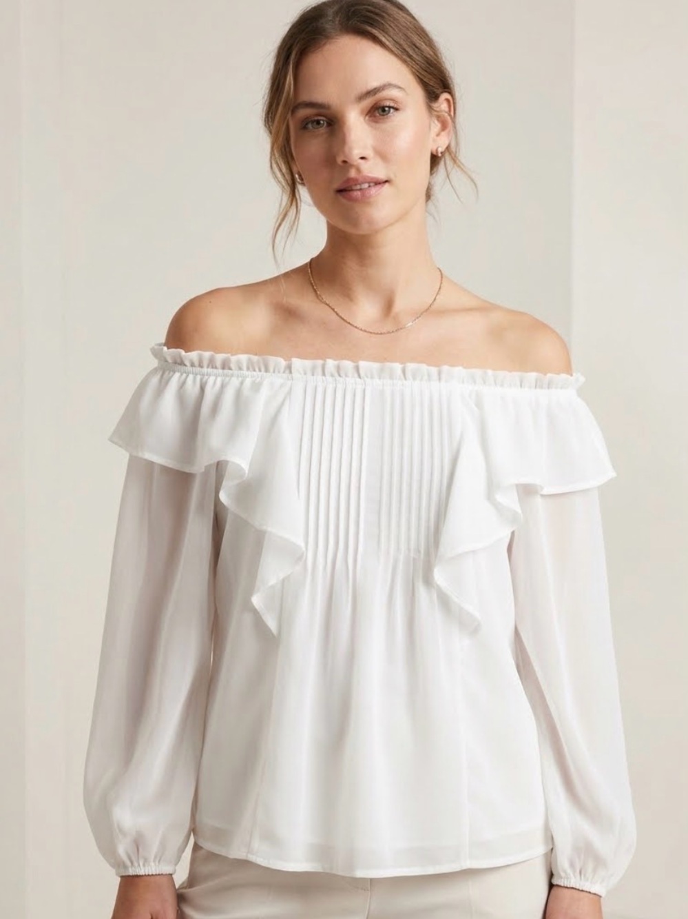 Madison Grey Off-Shoulder White Ruffle Pintuck Top